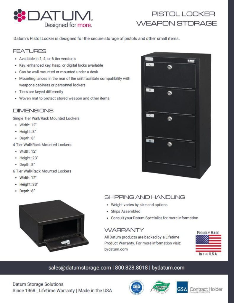 Explore the Datum Pistol Locker in our latest brochure, showcasing images of sleek black lockers. Highlights include customizable storage systems with key or electronic locks, optional bases, and various dimensions. Includes shipping info, contact details, and a Made in the USA label.