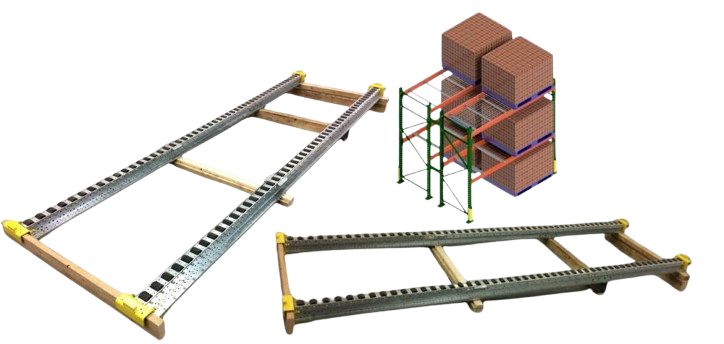Collage of tools: Two brick ladder guides with metal rungs and wooden handles, placed on a white background. A 3D model of a pitch-rail pushback pallet rack system with bricks and a frame is shown next to them.