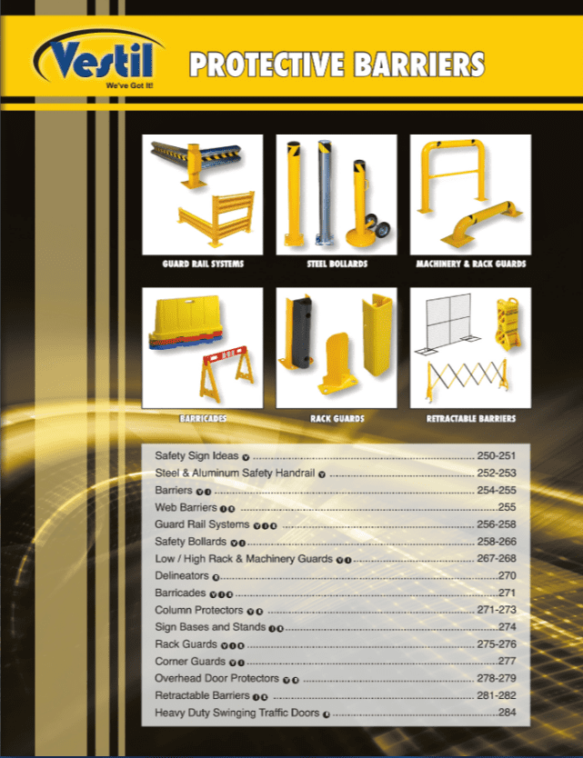 Protective barriers catalog with product images and a specifications table.