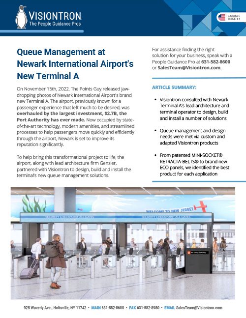 Discover seamless queue management at Newark International Airports new Terminal A with Visiontron. Our Retractable Belt Stanchions streamline passenger flow. Visit our Visiontron Brochure page for more on our innovative solutions and contact details.