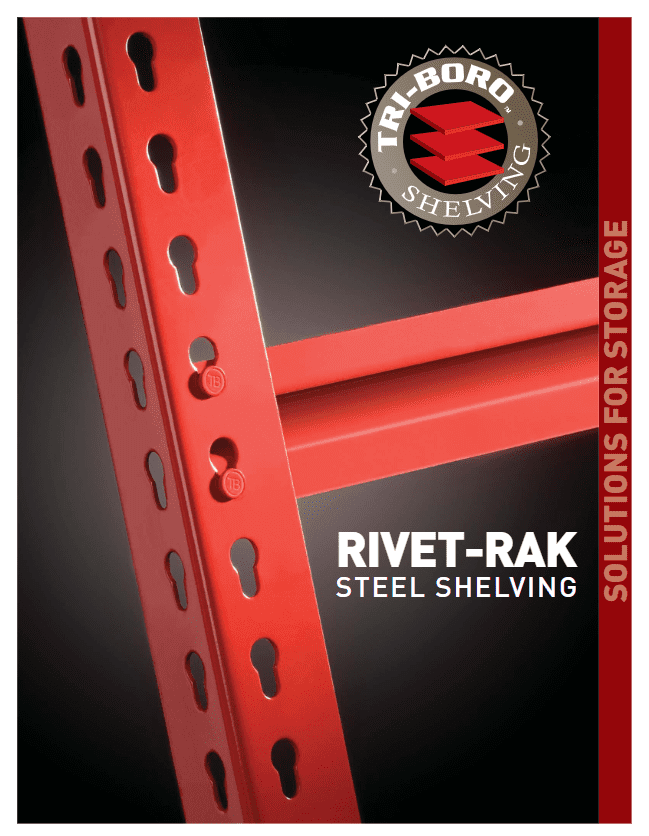 Close-up of red steel shelving with perforated uprights. A circular logo at the top right reads Tri-Boro Shelving promoting their rivet rack storage systems. The text Rivet-Rak Steel Shelving appears in white, while a vertical strip on the right edge says Solutions for Storage.