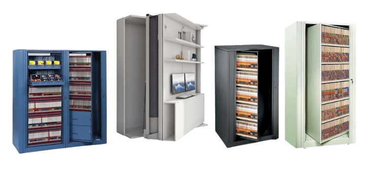 Four file cabinets with various styles and colors, each filled with files or documents. The cabinets are blue, white, black, and green. One unique rotating cabinet doubles as a shelf with a mounted TV and decorative items.