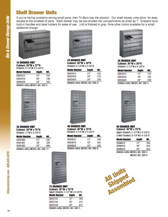 Explore a catalog page showcasing various models of shelf drawer units with images, specifications, and detailed descriptions. Discover the Tri-Boro Shelving Solutions, offering units that differ in drawer quantity and size, from 16 to 72 drawers. Features and shipping information included.