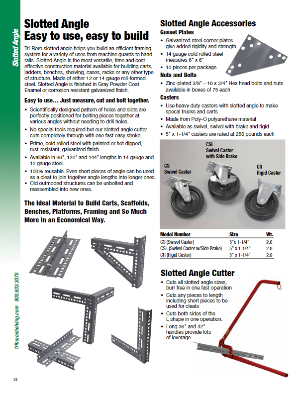A catalog page featuring steel shelving and utility carts, showcasing slotted angle metal products and accessories. Includes angle pieces, casters, bolts, and a cutter tool. Images of products with Tri-Boro shelving solutions are accompanied by text descriptions and specifications.
