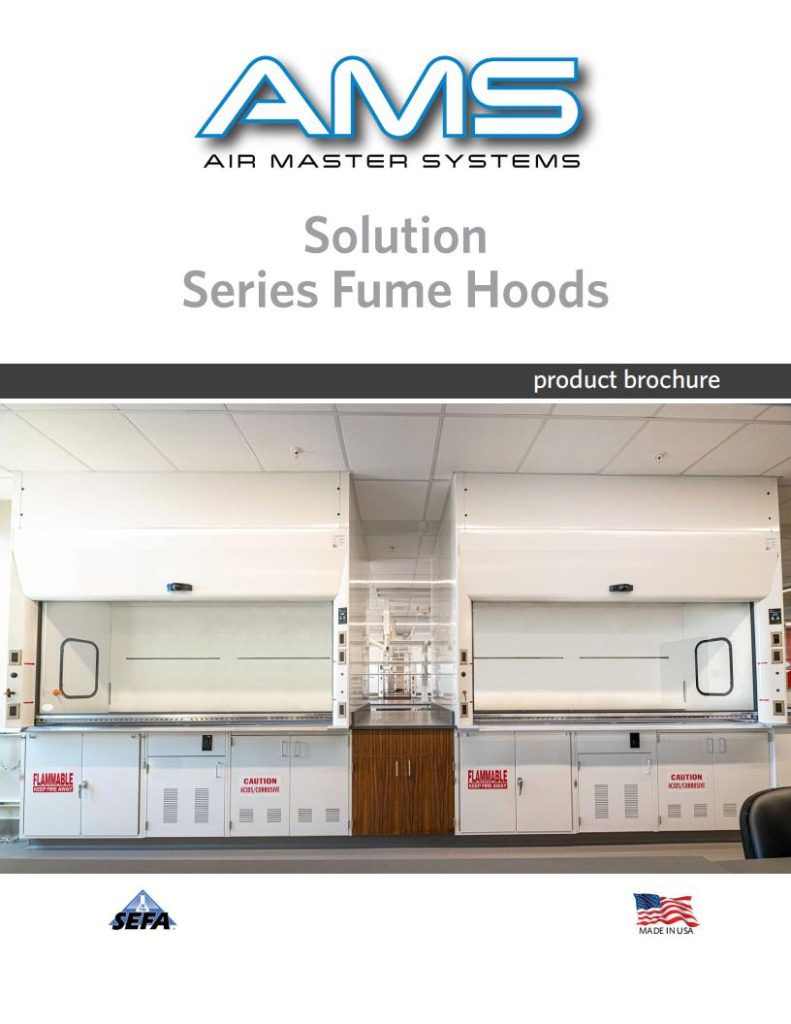 Cover of a product brochure titled Solution Series Fume Hoods from Air Master Systems. The image showcases custom laboratory equipment featuring two large white fume hoods in a lab setting. Logos for SEFA and Made in USA are at the bottom.