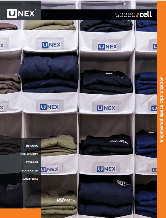 Shelves, adorned with folded clothes in white storage bins branded UNEX, showcase the efficiency of High-Density Storage Systems. The left reads Dynamic High Density Storage for Faster Each Picks, and the right highlights Engineered Space Optimization in Speedcell brochures.