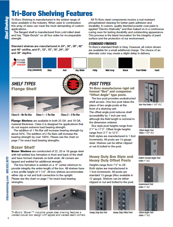The image is a promotional document for Tri-Boro Shelving Features, showcasing Tri-Boro shelving solutions. It includes product descriptions, an image of shelving styles, sizes, finishes, and various components with their specifications.