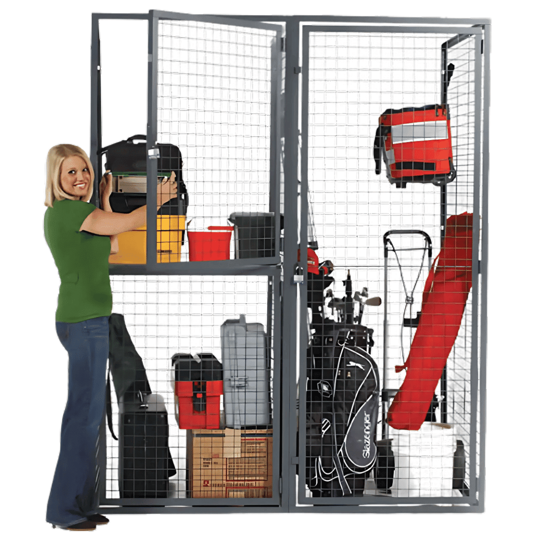 Wire mesh tenant storage locker with bicycle storage