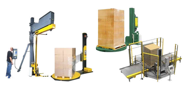 Three stretch wrap machines for pallets are shown. Two feature turntables with stacked boxes, and one has a conveyor belt system. Each machine has an upright post and a mechanical arm for wrapping pallets with plastic film. A person operates one of the machines.