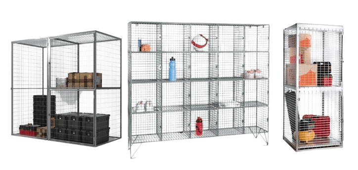 Three metal storage cages with a wire mesh design: the largest holds cleaning supplies, the medium contains boxes, and the smallest has colorful bins and equipment. Perfect for residential storage solutions or tenant storage lockers in property management amenities.