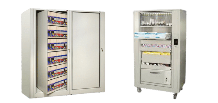 Times Two Images showcases two metal storage units: The left cabinet reveals color-coded file folders on its open shelves, while the right, a mobile unit on wheels, holds an assortment of medical supplies, including wrapped packages and bottles.