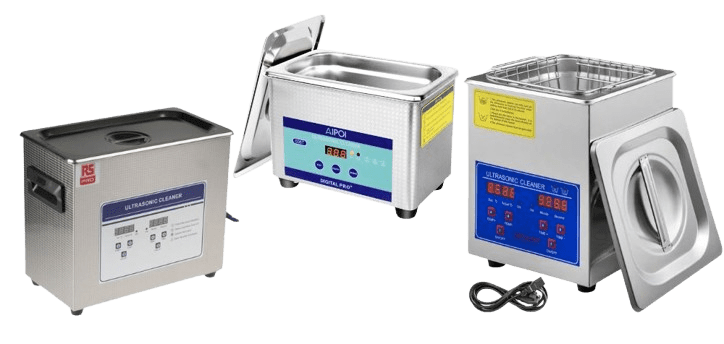 Three ultrasonic cleaners are displayed, each featuring stainless steel bodies and digital control panels. They come equipped with lids, display screens, and control buttons, specifically designed for efficient cleaning using advanced ultrasonic technology.