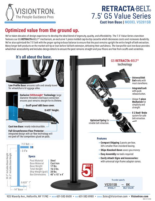 Explore Visiontrons Retracta-Belt 7.5 G5 Value Series stanchion with retractable belt stanchions, featuring built-in wheels, a brake system, and a scuff-proof base. Check the Visiontron brochure page for product specifications, images, and visual diagrams.