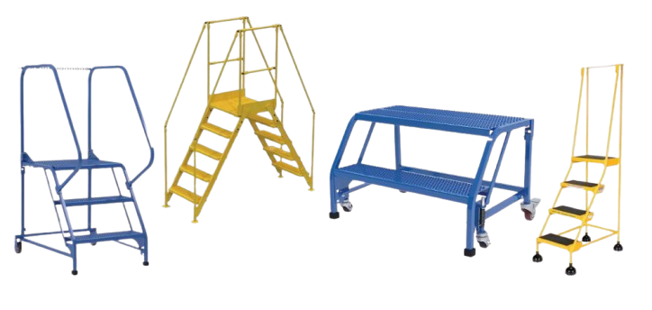 Various industrial step ladders and platforms, including blue and yellow models with handrails and wheels, are arranged against a white background. Among them are Vestil industrial ladders emphasizing safety standards.