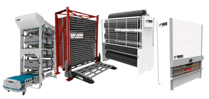 Explore our industrial storage solutions, showcasing a range of systems like vertical lift modules and shelving units. Each setup features multiple stacked trays or rollers, ensuring workplace safety and efficiency in handling and organizing items.