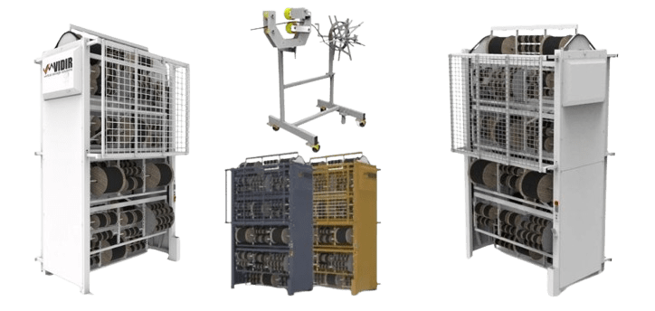 Explore our diverse range of industrial winding machines in grey, blue, and yellow, each featuring multiple spools enclosed within safe, customizable metal frameworks. Discover the ultimate storage solutions with unique designs reminiscent of the Vidir Wire Carousel.