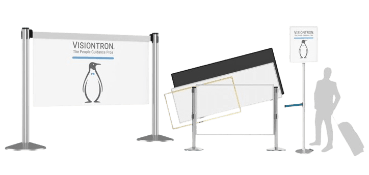 A showcase of queue management solutions, including Visiontron panels and retractable belt barriers, signage featuring a penguin logo, and a silhouette of a person with a suitcase, illustrating an efficient customer guidance setup for crowd control.