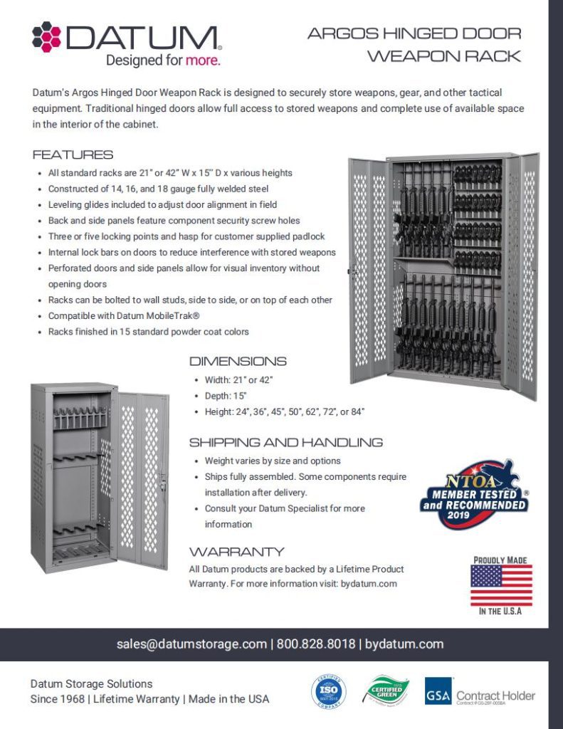 The brochure for Datums Argos Hinged Door Weapon Rack showcases customizable storage systems with features like adjustable shelves and repositionable accessories. It includes specifications, shipping info, warranty details, and how to optimize your space with Datum storage solutions.