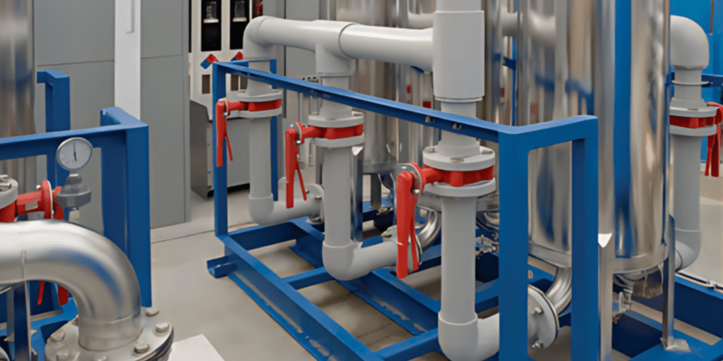 Industrial pipes and valves are displayed within a blue metal frame, showcasing their silver sheen and red valves. A pressure gauge is visible on the left, hinting at the systems role as a water saver. Gray panels provide a muted backdrop.