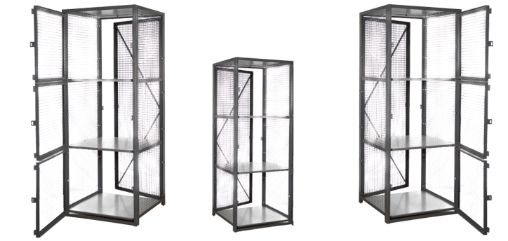 Three wire mesh storage display cabinets with open doors. Each cabinet contains two shelves and is artfully arranged in a diagonal line, showcasing different angles and lighting for an intriguing visual effect.