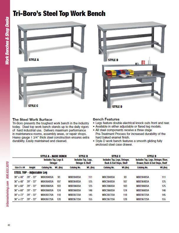 A catalog page showcases four styles of Tri-Boros steel top work benches, labeled A to D. Each bench features adjustable legs and exceptional durability. Explore the detailed specifications in a handy table alongside options for Rivet rack storage systems.