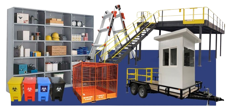 Image of industrial safety equipment, including shelves with helmets and binders, colorful waste bins with biohazard symbols, a caged safety container, a portable guard booth, and a metal staircase with handrails.