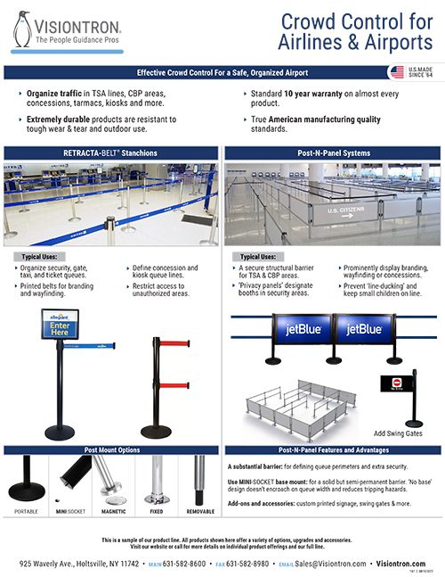 Discover Visiontrons infographic for their innovative crowd control solutions tailored for airports. Highlighting Retracta-Belt stanchions, Post-N-Panel systems, and accessories, this Visiontron brochure page showcases organization, quick setup, and ADA compliance. Contact info and logos included.