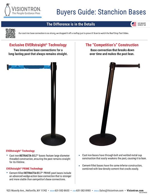 Image from the Visiontron brochure page comparing stanchion bases: Left showcases Visiontrons EVERstraight technology with detailed insights. Right reveals a competitors poorly constructed base. Discover superior crowd control solutions. Contact info is at bottom.