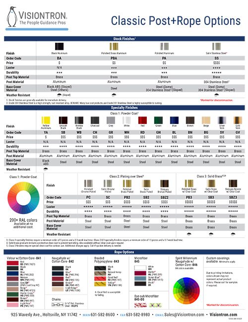 The Visiontron brochure page titled Classic Post+Rope Options showcases an array of stock and specialty finishes, complete with color codes and specifications. Ideal for crowd control solutions, it includes contact details for Visiontron at the bottom.