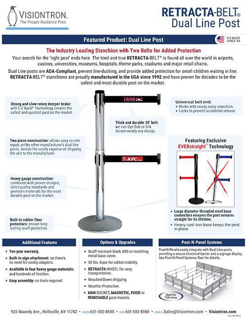 Discover Visiontrons Retracta-Belt Dual Line Post, the ultimate in crowd control solutions. With dual belts for enhanced safety, ADA compliance, and sturdy construction, its fully customizable. Explore product images and diagrams for these premium retractable belt stanchions. Contact us today!.