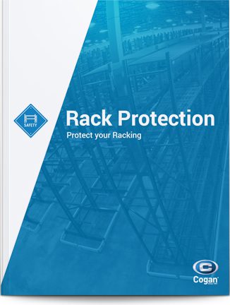 Cover of a Cogan brochure titled Rack Protection: Protect your Racking with a semi-transparent blue overlay showcasing warehouse shelving. A safety icon is on the left, and the Cogan logo is at the bottom right, emphasizing mezzanines importance in secure storage solutions.