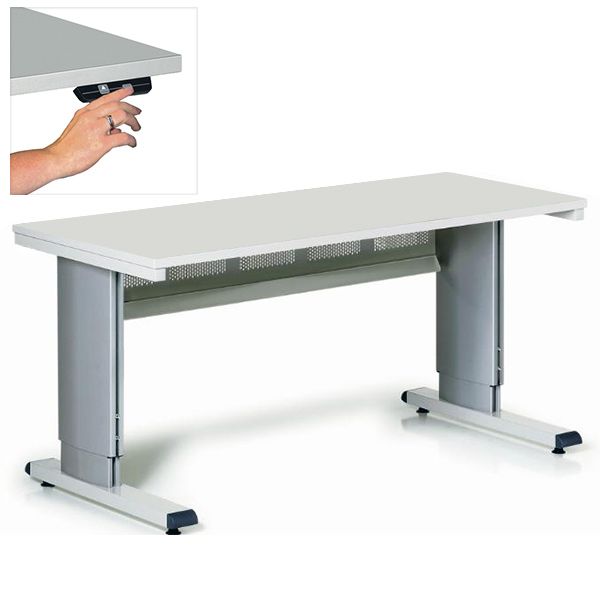 Discover our adjustable height desk, a standout among adjustable workstations. Featuring a sleek gray tabletop and sturdy metal legs, it includes a close-up of a hand effortlessly operating its control panel to find the perfect height. A support beam underneath ensures exceptional stability.