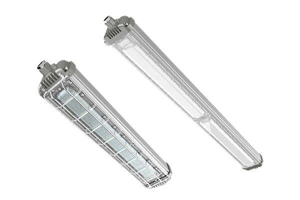 Two UL-certified explosion-proof LED tube lights with metallic casings and transparent covers. One features a protective wire grid, while the other has a smooth surface. Both are ideal for hazardous location lighting in industrial or commercial settings, including lab use.