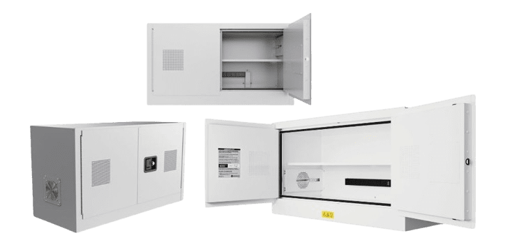 Three views of a white metal electrical cabinet with ventilation cutouts, designed as a Lithium-Ion Battery Charging Safety Cabinet. The cabinets are open, showcasing compartments with shelves and electrical components. Each cabinet varies slightly in arrangement and size, ensuring optimal charge safety.