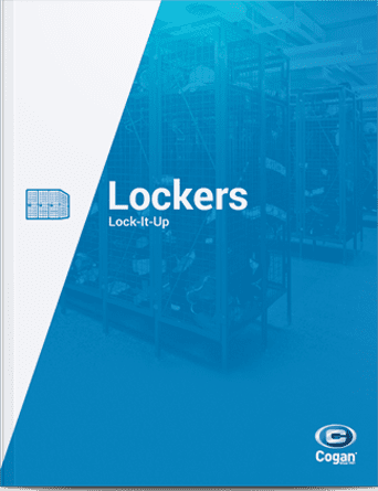 Cover of a brochure titled Lockers: Lock-It-Up showcases a striking blue backdrop with the image of industrial lockers and mezzanines. The Cogan logo is proudly displayed in the bottom right corner.