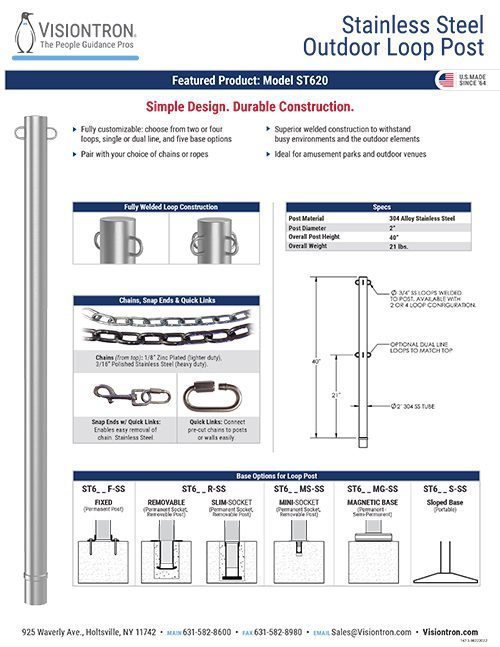 Discover the Visiontron Products informational diagram for the stainless steel outdoor loop post, model ST6250. This Visiontron Brochure page highlights customizable loop configurations, base options, and link specifications. Features contact info and a Made in USA logo at the top right.