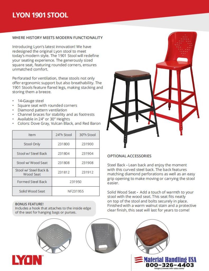 The Lyon Brochure for the 1901 Stool showcases three stools featuring steel backrests in gray, red, and dark wood finishes. Highlights include square seats, rounded corners, and perforations. Optional accessories are detailed at the bottom right—a true testament to High-Quality Lyons Shelving Solutions.