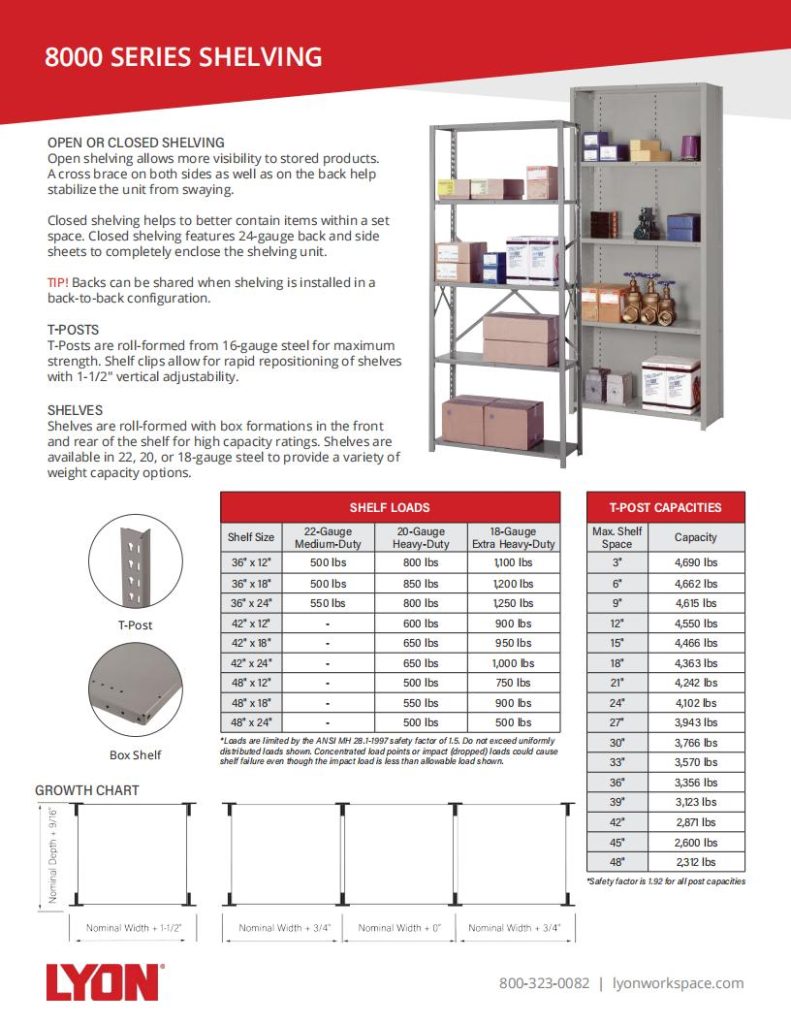 Discover the Lyon 8000 Series Shelving brochure: a versatile storage solution featuring both open and closed shelving options. Explore T-post features, various shelf capacities, and configuration tips. Enhanced with visuals and a chart, it highlights high-quality Lyons shelving solutions for all your needs.