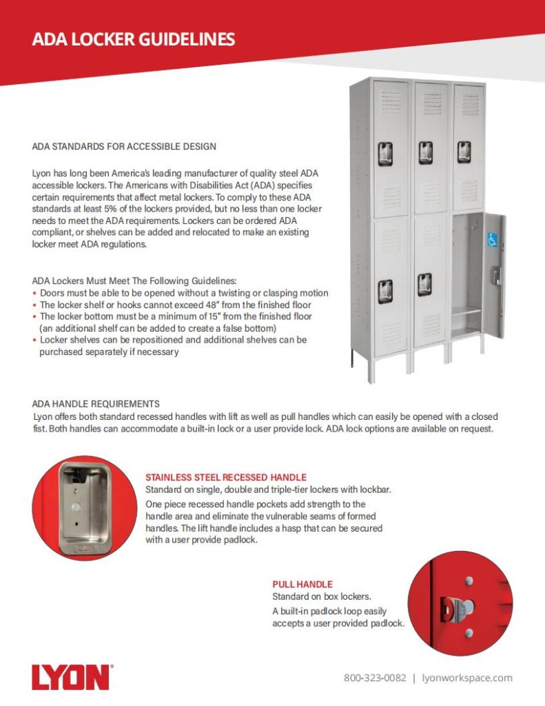 The ADA locker guidelines poster offers insights into locker accessibility for disabled individuals, highlighting pull handles, compliant widths, and shelf heights. Featuring images of lockers and durable handles, it integrates high-quality Lyons Shelving Solutions. Contact information is listed at the bottom.