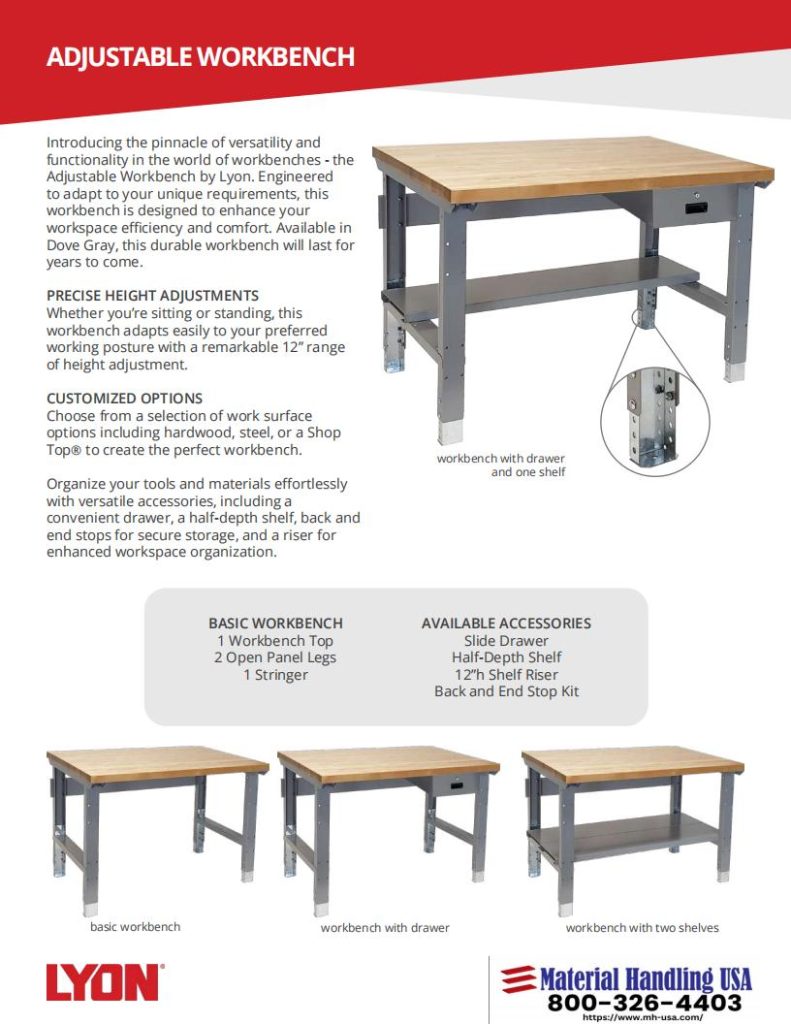 A flyer showcasing adjustable workbenches and high-quality Lyons shelving solutions. It features diagrams of different configurations, descriptions of accessories like drawers and wheels, and highlights versatility. Contact information is provided at the bottom.