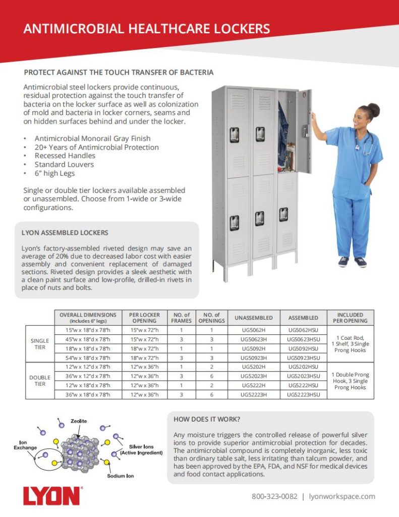Discover our antimicrobial healthcare lockers from Lyon Workspace, featured in the latest Lyon Brochures. Boasting germ resistance and a chic Monorail Gray finish, these lockers come in various sizes. The flyer offers images and product specs for versatile storage solutions with Lyons Shelving.