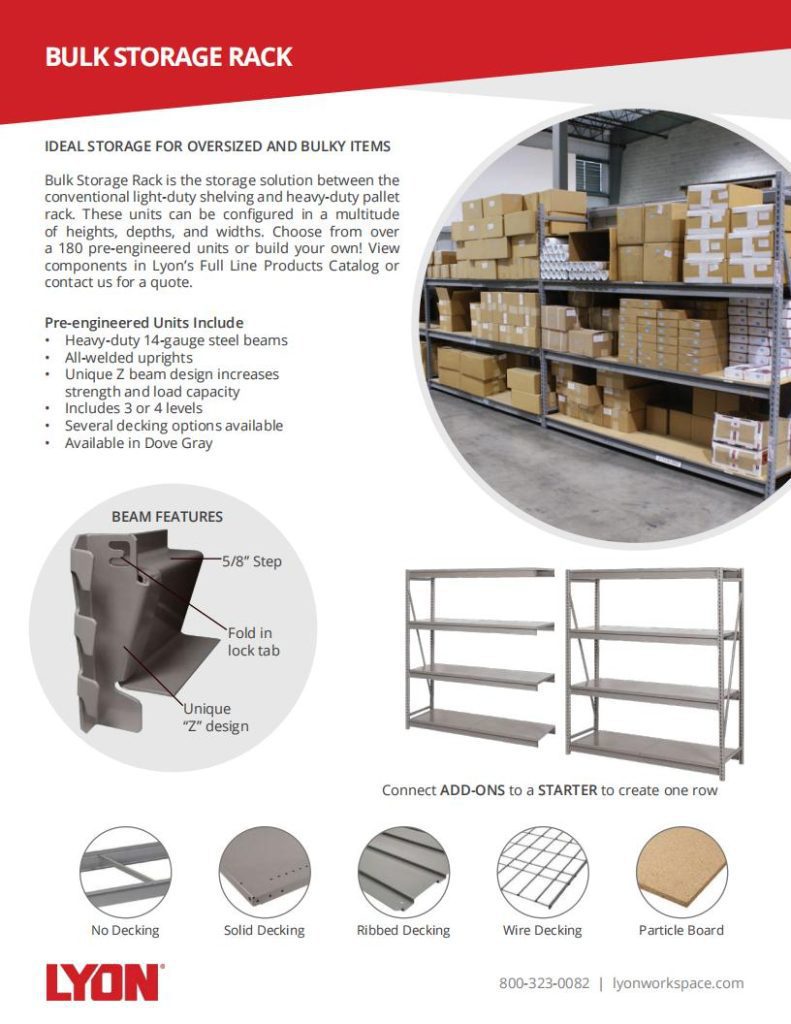 Discover our infographic on high-quality Lyons shelving solutions, featuring bulk storage racks with images of sturdy units holding boxes. Key highlights include heavy-duty shelving, adjustable beam spacing, four shelf types, and accessories. For more details, check out our Lyon brochures or contact us today.