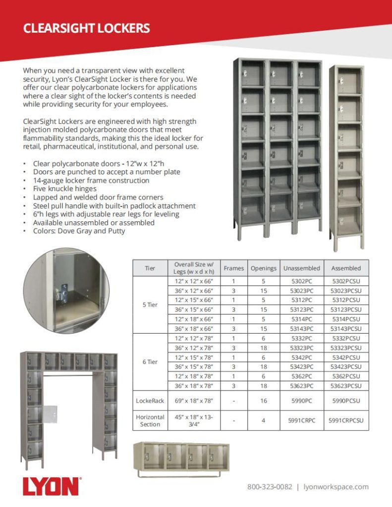 The product flyer for Clearsight Lockers by Lyon showcases versatile storage solutions with Lyons Shelving, featuring polycarbonate doors and adjustable shelves. It includes product specifications, dimensions, and contact information, perfect for your Lyon brochures collection.