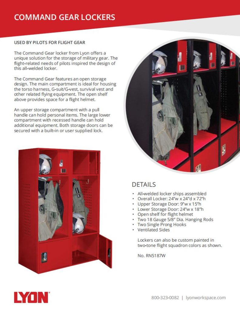 A red military gear storage locker by Lyon, featuring open storage, a main compartment, upper shelf with a pull handle, and a lockable compartment. Displayed with various gear, it offers customization options. Browse through Lyon brochures for more on our heavy-duty shelving solutions.