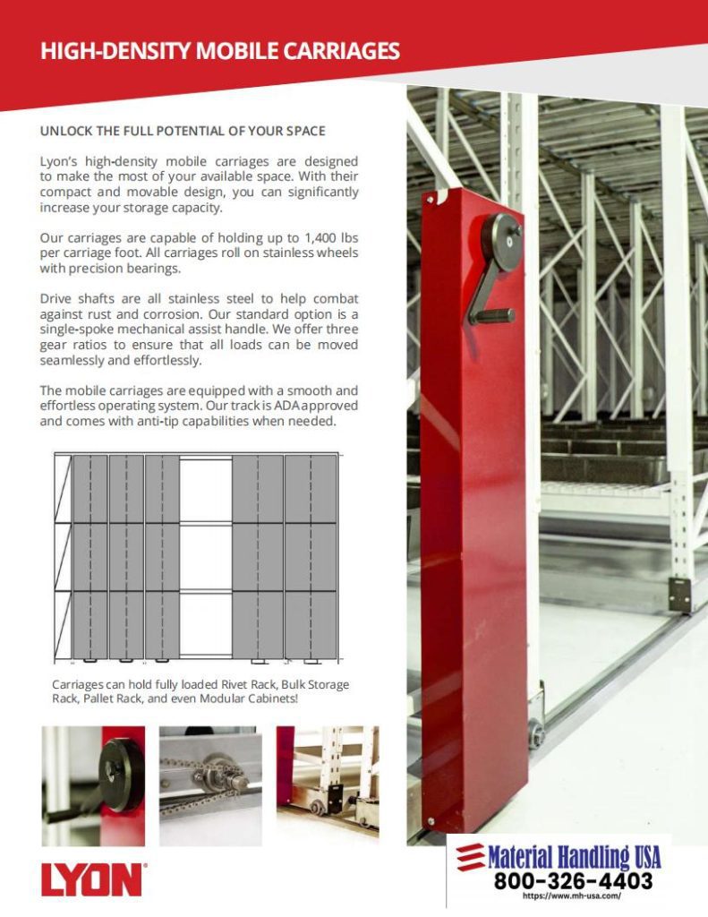 Red high-density mobile carriage system by Lyons Shelving boasts a capacity of 1,400 lbs per axle. This heavy-duty shelving features stainless steel drive shafts, corrosion-resistant construction, and ADA-approved floor carriage design for smooth operation. Contact info is visible.
