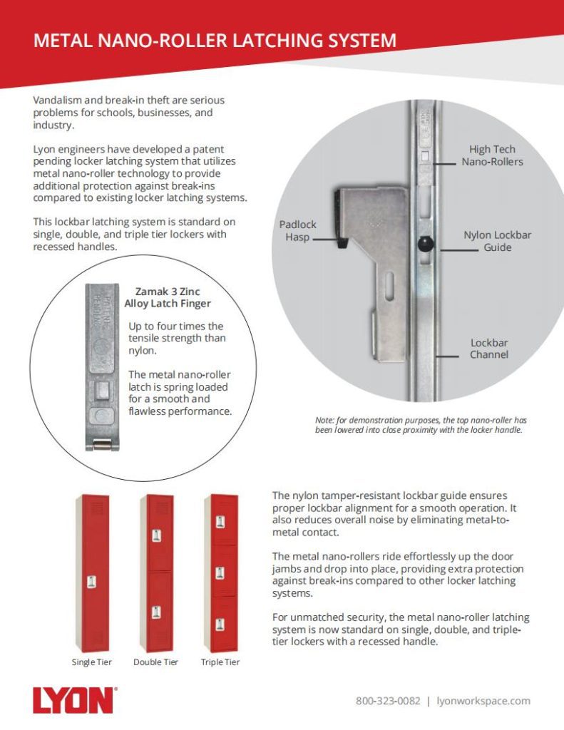 Infographic about the Metal Nano-Roller Latching System by Lyon Shelving. Features images of the nano lockbar guide, latch finger, and lockbar channel. Describes components like the Zamak 3 zinc alloy latch finger, nylon lockbar guide, and lockbar channel.