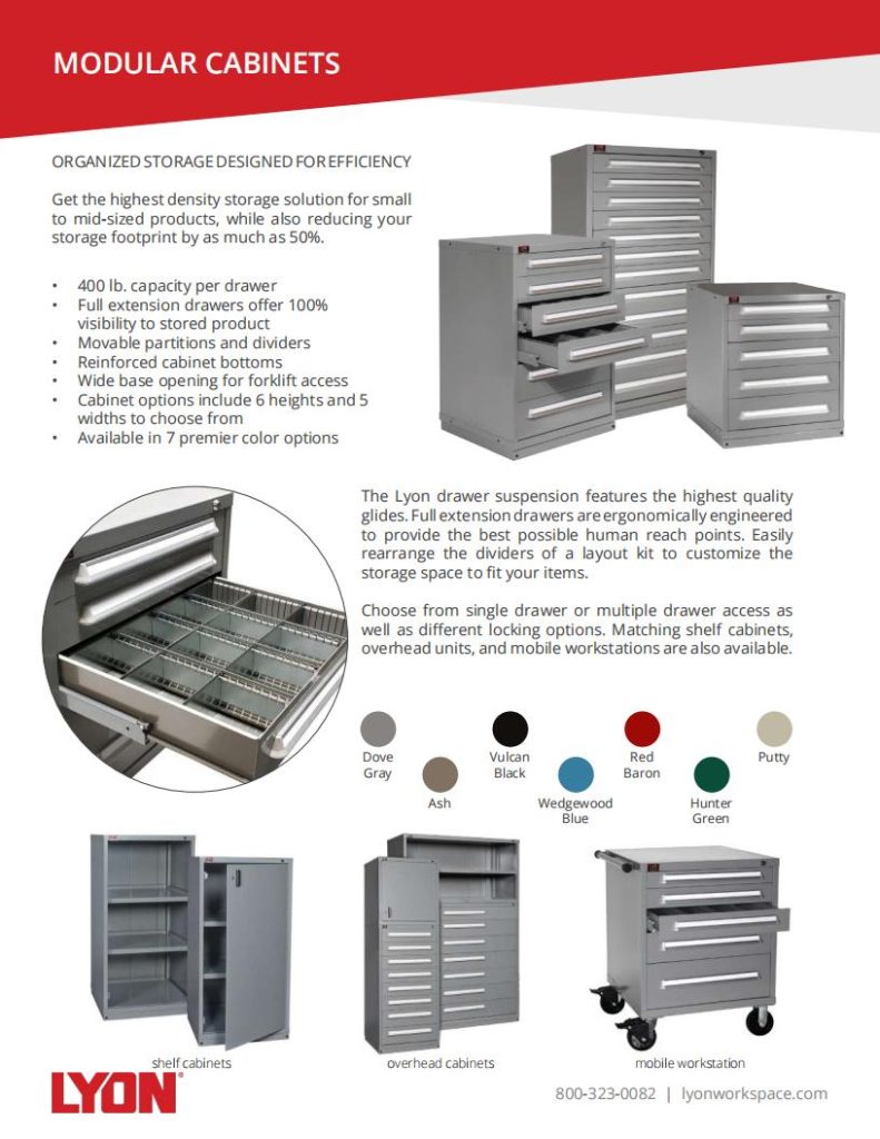 Discover versatile storage solutions with Lyons modular cabinets, featuring full extension drawers and reinforced corners. Available in gray, ash, blue, and hunter, these high-quality shelving options ensure compatibility with forklift access. Explore more in the Lyon brochures.