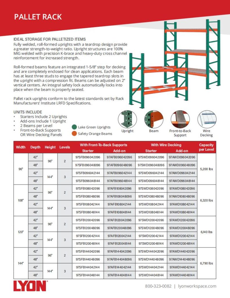 A detailed catalogue page for Pallet Rack by Lyon Workspace, showcasing versatile storage solutions with heavy-duty shelving features and specifications, including height, depth, and beam support options. Includes images and product codes. Contact number provided at the bottom.