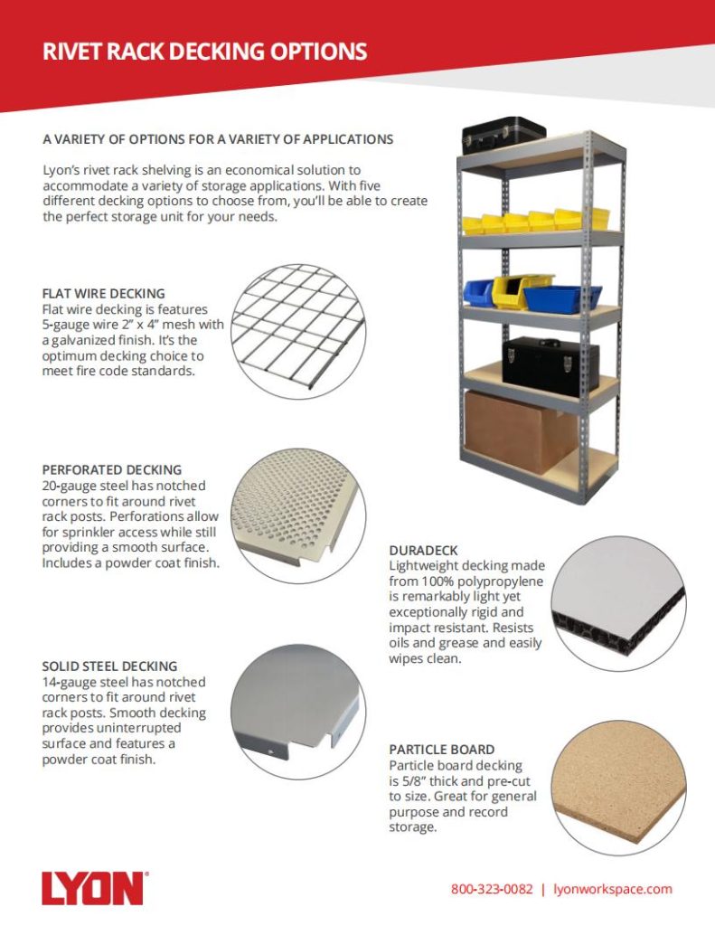The image showcases a range of rack decking options for shelving by Lyon, including flat wire, perforated steel, Duradeck smooth coatings, and solid steel deckings. Discover the specific material benefits in our high-quality Lyon Shelving Solutions brochure. Contact info at the bottom.