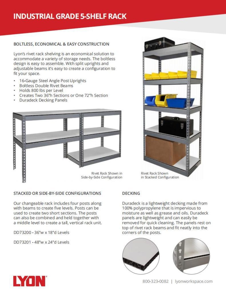 Image of a promotional flyer for Lyons versatile storage solutions. The 5-Shelf Rivet Rack is assembled, showcasing decking options, economical design, easy assembly, and customizable configurations. Discover high-quality Lyons Shelving solutions today! Contact info included.